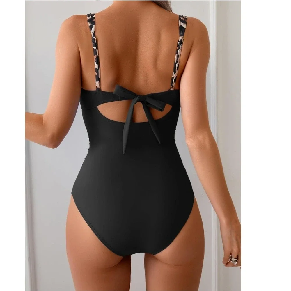 B2PRITY‎ One Piece Swimsuit Womens M Black Leopard Ruched Underwire Chic 419 NWT